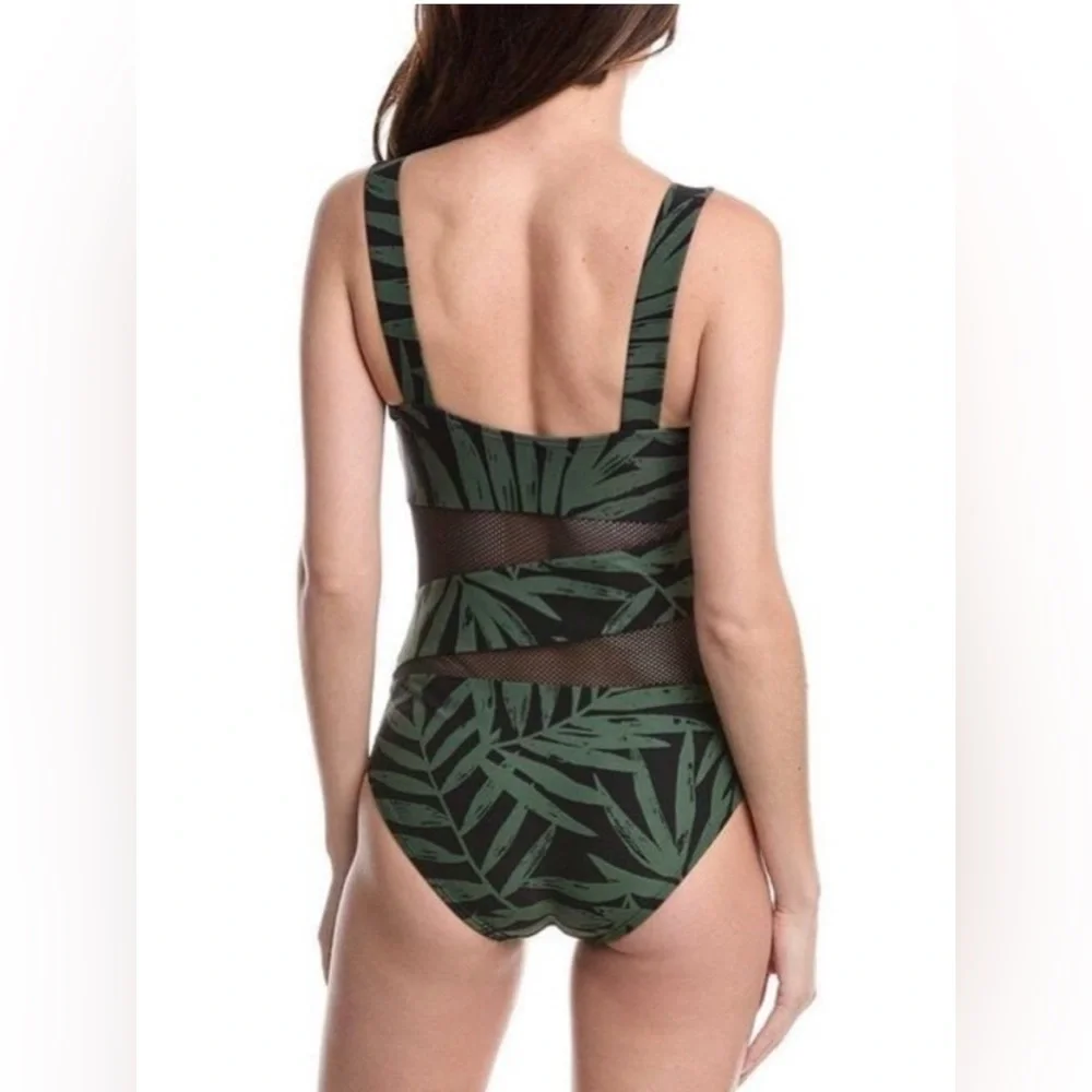 NWT Carmen Marc Valvo one piece swimsuit. Black w/green palms, mesh, size 12.